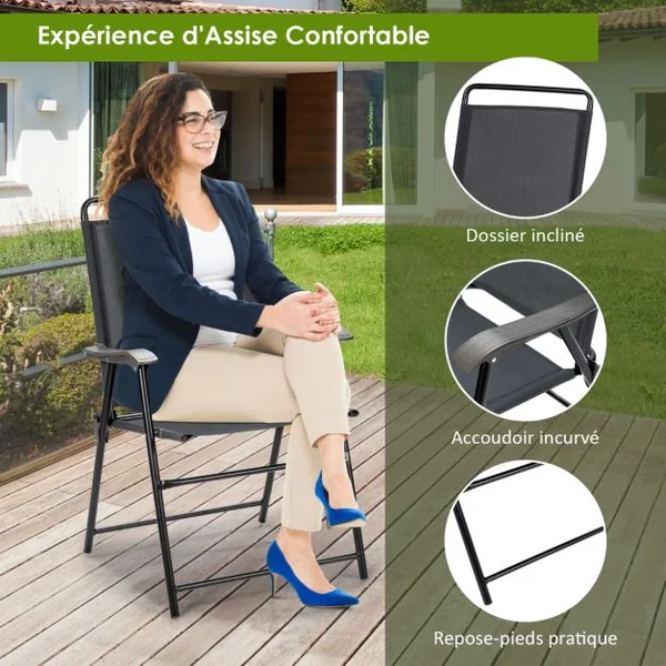 Lot de 4 Chaises Fauteuils de Jardin Pliantes en Textilène Accoudoirs Patins Antidérapants Charge 150KG Gris