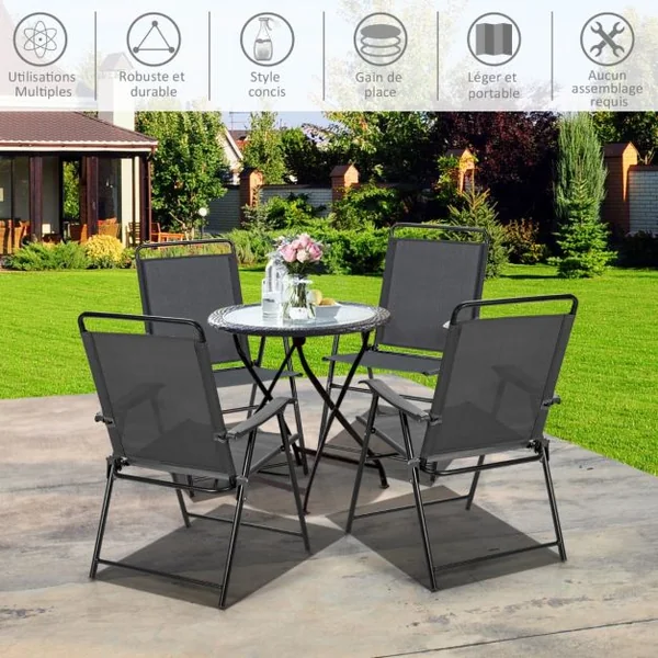 Lot de 4 Chaises Fauteuils de Jardin Pliantes en Textilène Accoudoirs Patins Antidérapants Charge 150KG Gris