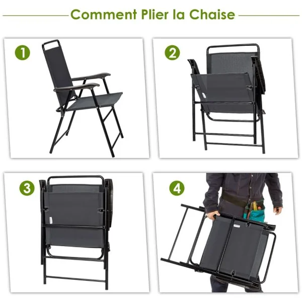 Lot de 4 Chaises Fauteuils de Jardin Pliantes en Textilène Accoudoirs Patins Antidérapants Charge 150KG Gris