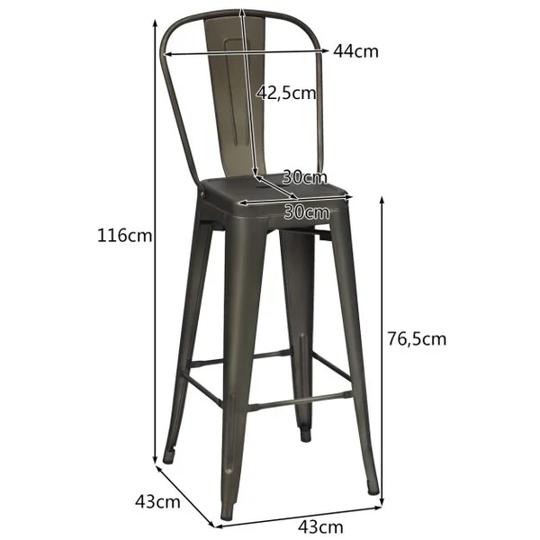 Lot de 4 Chaises Hautes Vintage en Métal Chaise de Cuisine de 76 Cm Chaises de Bar en Métal avec Dossier Haut Tabourets de Bar Noir