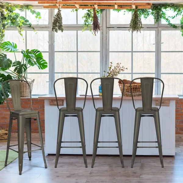 Lot de 4 Chaises Hautes Vintage en Métal Chaise de Cuisine de 76 Cm Chaises de Bar en Métal avec Dossier Haut Tabourets de Bar Noir