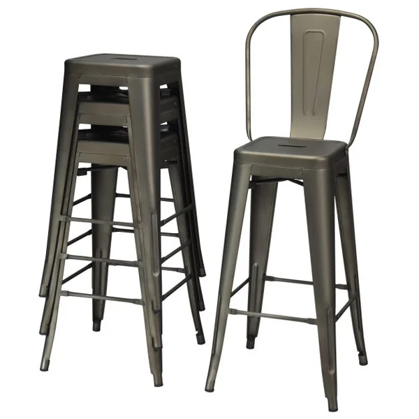 Lot de 4 Chaises Hautes Vintage en Métal Chaise de Cuisine de 76 Cm Chaises de Bar en Métal avec Dossier Haut Tabourets de Bar Noir