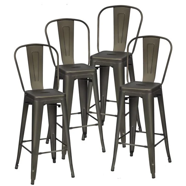 Lot de 4 Chaises Hautes Vintage en Métal Chaise de Cuisine de 76 Cm Chaises de Bar en Métal avec Dossier Haut Tabourets de Bar Noir