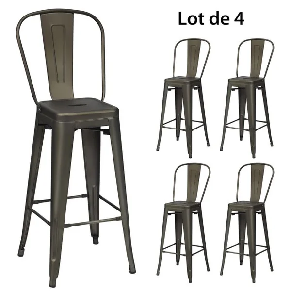 Lot de 4 Chaises Hautes Vintage en Métal Chaise de Cuisine de 76 Cm Chaises de Bar en Métal avec Dossier Haut Tabourets de Bar Noir