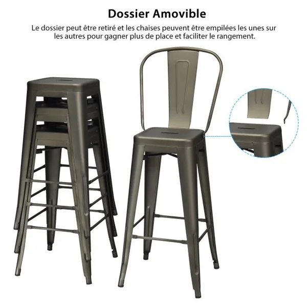 Lot de 4 Chaises Hautes Vintage en Métal Chaise de Cuisine de 76 Cm Chaises de Bar en Métal avec Dossier Haut Tabourets de Bar Noir