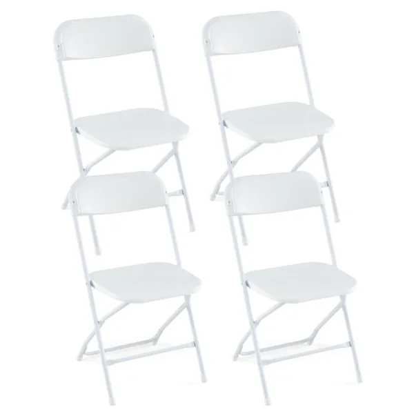 Lot de 4 Chaises Pliantes en Métal Chaises Portables avec Siège et Dossier en Plastique Cadre Métallique Robuste Capacité 350 kg Blanc