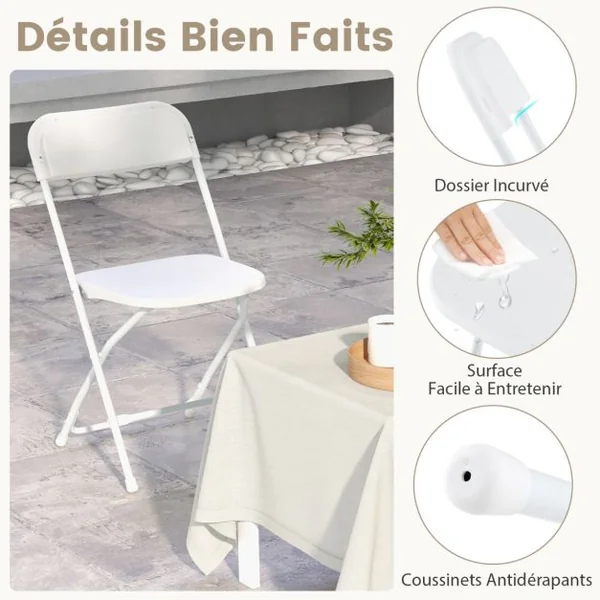Lot de 4 Chaises Pliantes en Métal Chaises Portables avec Siège et Dossier en Plastique Cadre Métallique Robuste Capacité 350 kg Blanc
