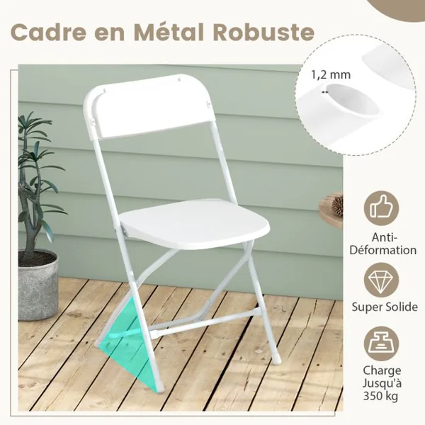 Lot de 4 Chaises Pliantes en Métal Chaises Portables avec Siège et Dossier en Plastique Cadre Métallique Robuste Capacité 350 kg Blanc