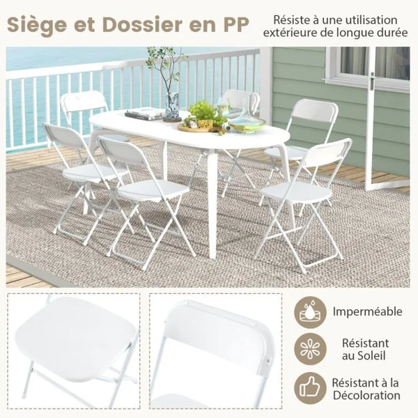 Lot de 4 Chaises Pliantes en Métal Chaises Portables avec Siège et Dossier en Plastique Cadre Métallique Robuste Capacité 350 kg Blanc