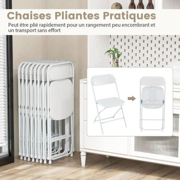 Lot de 4 Chaises Pliantes en Métal Chaises Portables avec Siège et Dossier en Plastique Cadre Métallique Robuste Capacité 350 kg Blanc