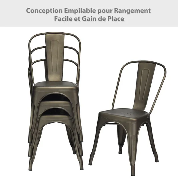 Lot de 4 Chaises Vintage en Métal Chaise d'Appoint Empilable avec Dossier Robuste Chaise de Café en Métal