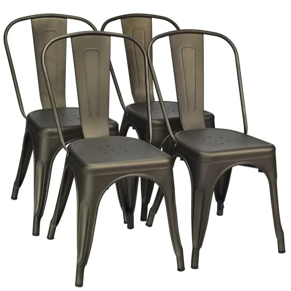 Lot de 4 Chaises Vintage en Métal Chaise d'Appoint Empilable avec Dossier Robuste Chaise de Café en Métal
