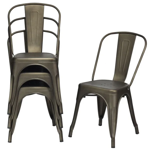 Lot de 4 Chaises Vintage en Métal Chaise d'Appoint Empilable avec Dossier Robuste Chaise de Café en Métal