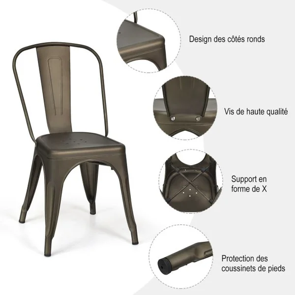 Lot de 4 Chaises Vintage en Métal Chaise d'Appoint Empilable avec Dossier Robuste Chaise de Café en Métal