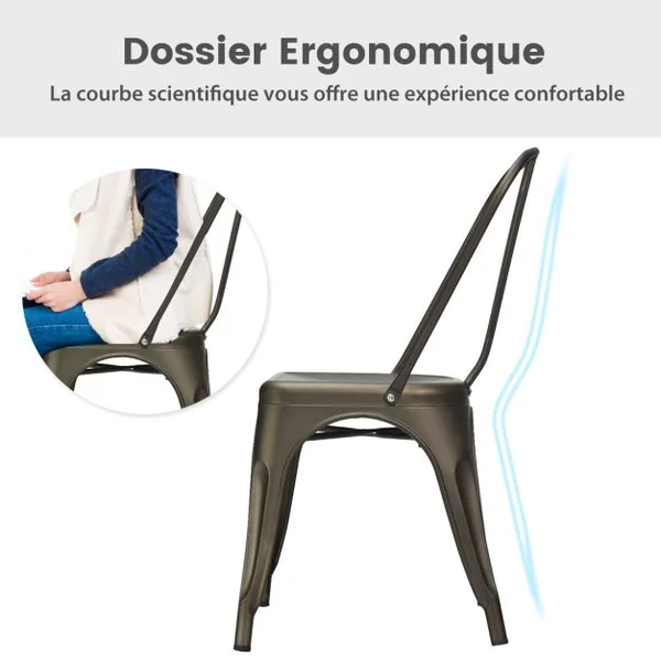 Lot de 4 Chaises Vintage en Métal Chaise d'Appoint Empilable avec Dossier Robuste Chaise de Café en Métal