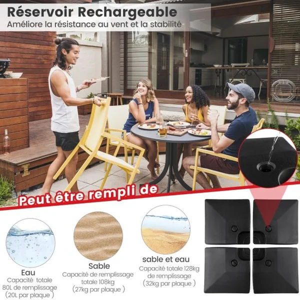 Lot de 4 Dalle Parasol Déporté Lestage Poids Parasol Carré en HDPE à Remplir 20L d'Eau ou 27Kg de Sable Base pour Parasol avec Poignée 102 x 102 x 12 cm