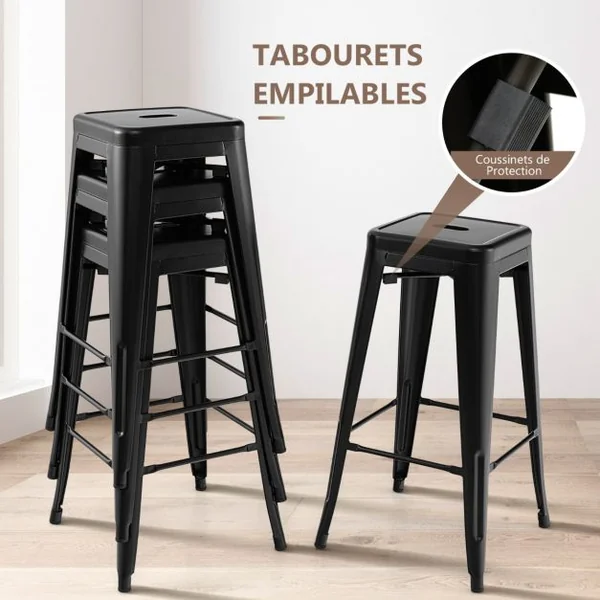 Lot de 4 Tabourets de Bar 61 CM Tabourets en Métal à Hauteur de Bar Coussinets en Caoutchouc Sans Dossier pour Cuisine Salle à Manger Pub