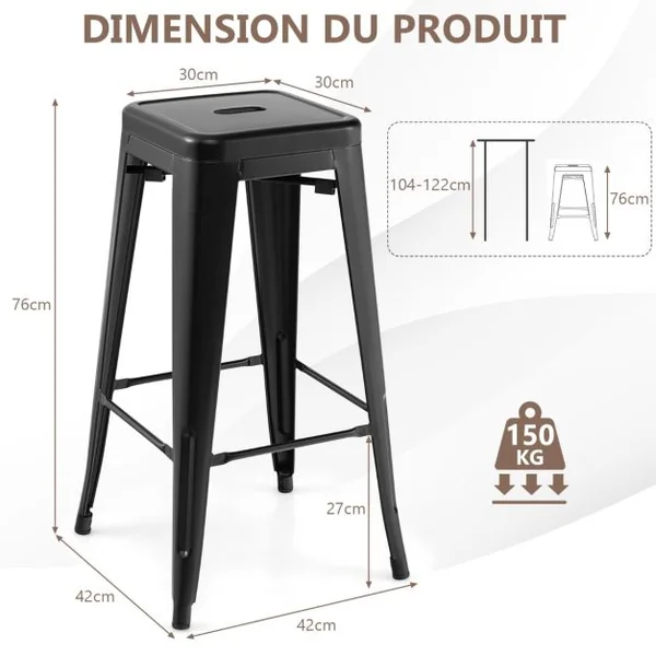 Lot de 4 Tabourets de Bar 61 CM Tabourets en Métal à Hauteur de Bar Coussinets en Caoutchouc Sans Dossier pour Cuisine Salle à Manger Pub