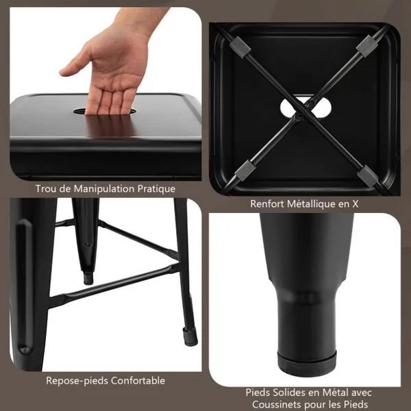 Lot de 4 Tabourets de Bar 76 CM Tabourets en Métal à Hauteur de Bar Coussinets en Caoutchouc Conception Renforcée pour Cuisine Pub Pistolet