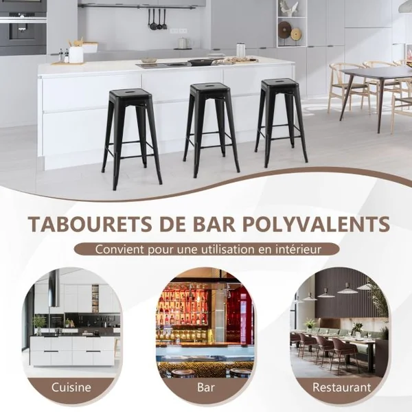 Lot de 4 Tabourets de Bar 76 CM Tabourets en Métal à Hauteur de Bar Coussinets en Caoutchouc Conception Renforcée pour Cuisine Pub Pistolet