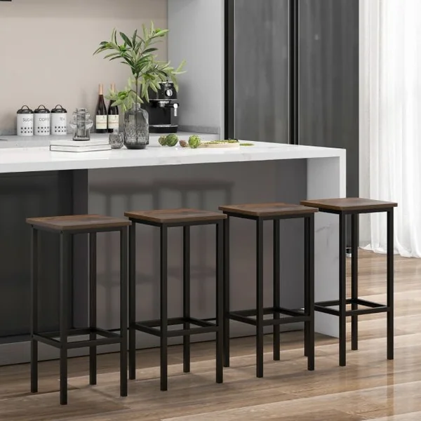 Lot de 4 Tabourets de Bar Chaise de Bar de 65 Cm Pieds et Repose-pieds en Métal pour Cuisine Salle à Manger Marron Rustique