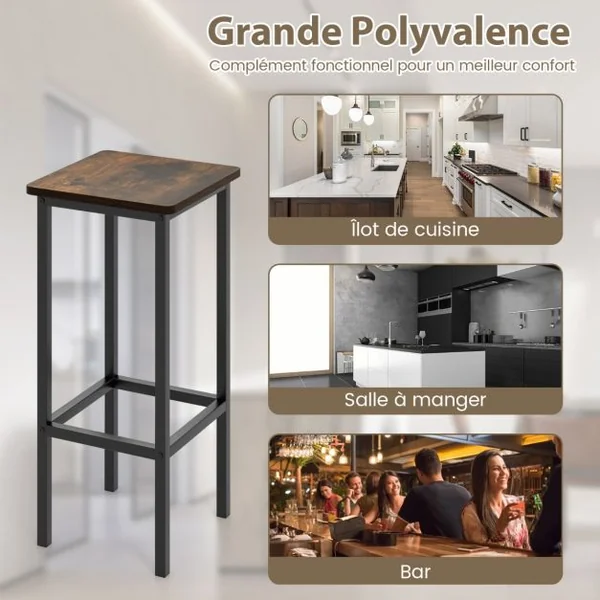 Lot de 4 Tabourets de Bar Chaise de Bar de 65 Cm Pieds et Repose-pieds en Métal pour Cuisine Salle à Manger Marron Rustique