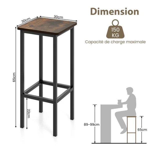 Lot de 4 Tabourets de Bar Chaise de Bar de 65 Cm Pieds et Repose-pieds en Métal pour Cuisine Salle à Manger Marron Rustique