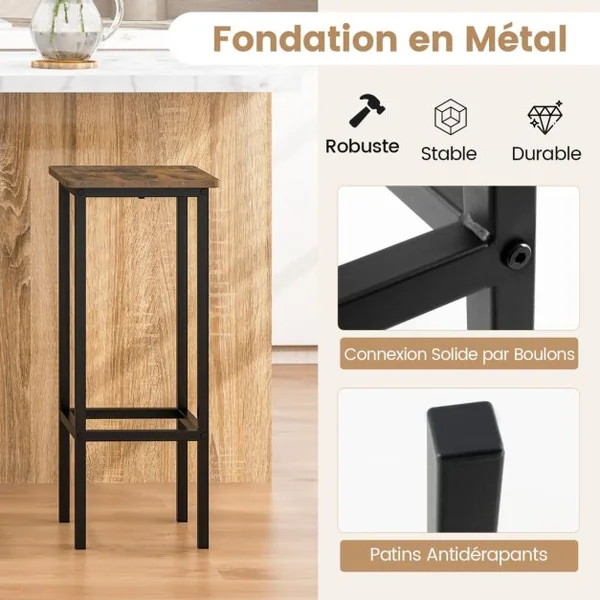 Lot de 4 Tabourets de Bar de 72 cm de Haut Sans Dossier avec Pieds en Métal Repose-pieds Tabourets de Cuisine Marron rustique