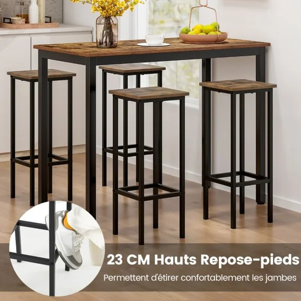 Lot de 4 Tabourets de Bar de 72 cm de Haut Sans Dossier avec Pieds en Métal Repose-pieds Tabourets de Cuisine Marron rustique