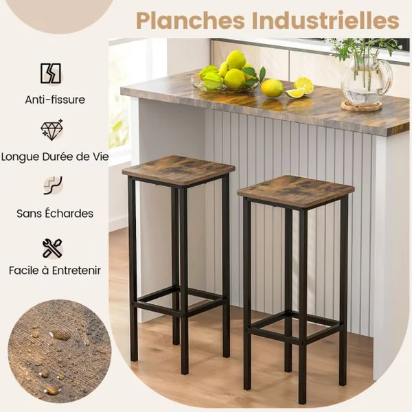 Lot de 4 Tabourets de Bar de 72 cm de Haut Sans Dossier avec Pieds en Métal Repose-pieds Tabourets de Cuisine Marron rustique