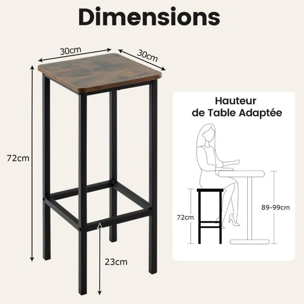 Lot de 4 Tabourets de Bar de 72 cm de Haut Sans Dossier avec Pieds en Métal Repose-pieds Tabourets de Cuisine Marron rustique