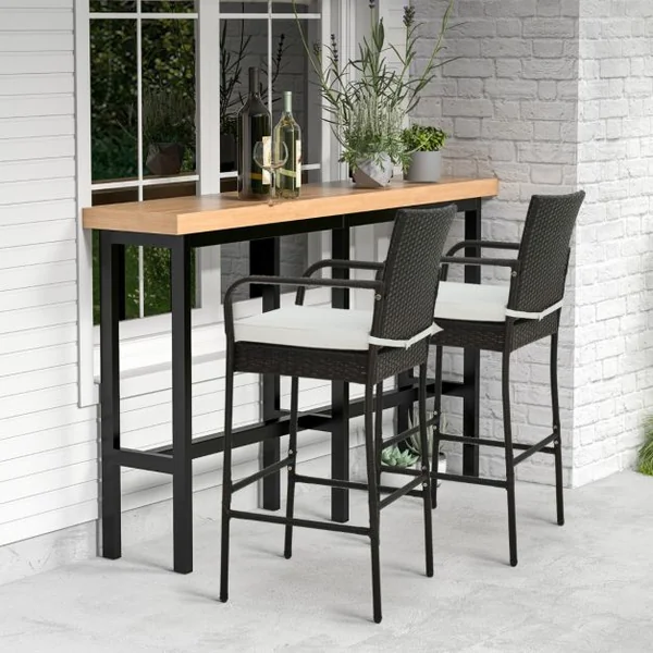 Lot de 4 Tabourets de Bar en Rotin PE Anti-UV Charge 180 KG avec Repose-Pieds Assise Rembourrée Lavable et Amovible