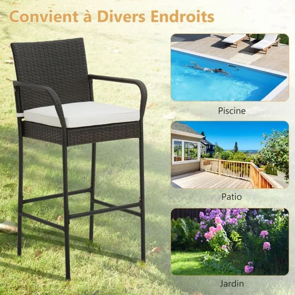 Lot de 4 Tabourets de Bar en Rotin PE Anti-UV Charge 180 KG avec Repose-Pieds Assise Rembourrée Lavable et Amovible