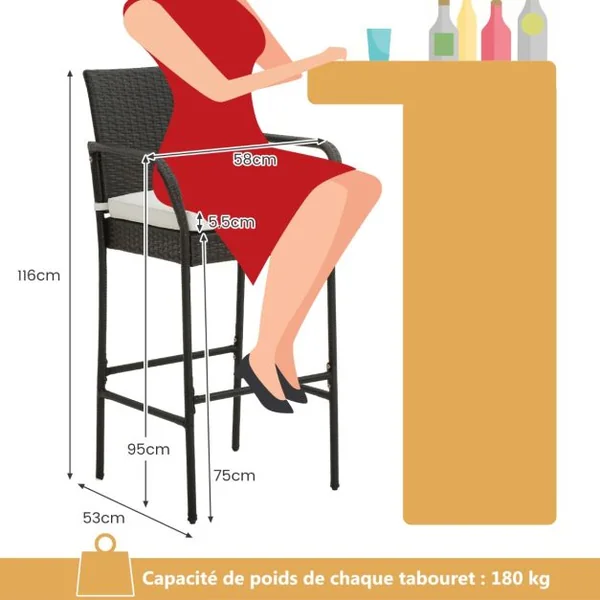 Lot de 4 Tabourets de Bar en Rotin PE Anti-UV Charge 180 KG avec Repose-Pieds Assise Rembourrée Lavable et Amovible