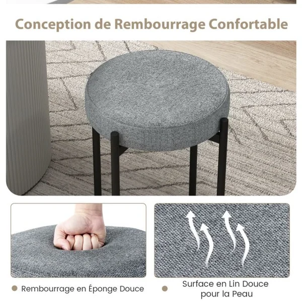 Lot de 4 Tabourets Empilables Catre en Métal Siège en Lin 40 x 40 x 50 cm (L x l x H) Style Moderne Beige