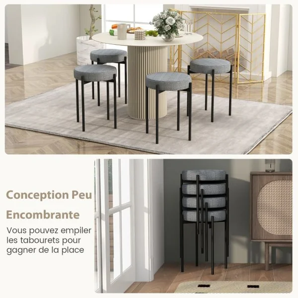Lot de 4 Tabourets Empilables Catre en Métal Siège en Lin 40 x 40 x 50 cm (L x l x H) Style Moderne Beige