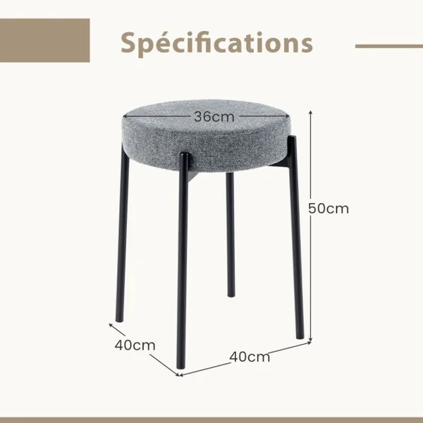 Lot de 4 Tabourets Empilables Catre en Métal Siège en Lin 40 x 40 x 50 cm (L x l x H) Style Moderne Beige