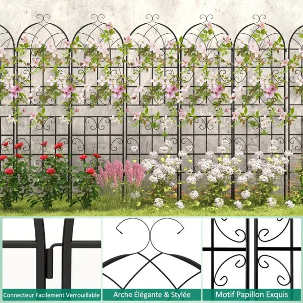 Lot de 4 Treillis de Jardin en Métal 180 x 50 cm Clôture Décorative pour Plante Grimpante Grille Fleurs Antirouille pour Jardin Cour Patio Noir