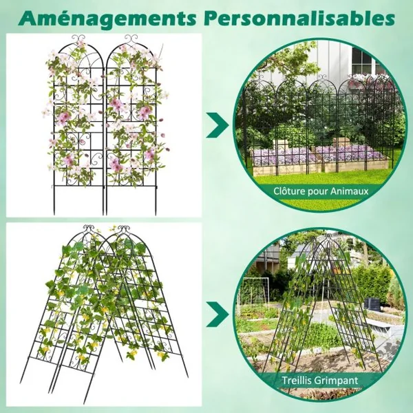 Lot de 4 Treillis de Jardin en Métal 180 x 50 cm Clôture Décorative pour Plante Grimpante Grille Fleurs Antirouille pour Jardin Cour Patio Noir