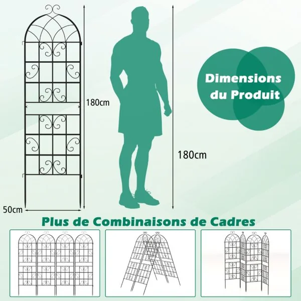 Lot de 4 Treillis de Jardin en Métal 180 x 50 cm Clôture Décorative pour Plante Grimpante Grille Fleurs Antirouille pour Jardin Cour Patio Noir