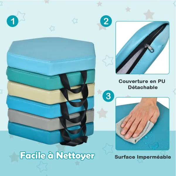 Lot de 6 Coussins de Sol pour Enfants Coussins d’Assise Hexagonaux avec Poignées 38 x 34 x 5 cm