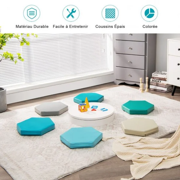 Lot de 6 Coussins de Sol pour Enfants Coussins d’Assise Hexagonaux avec Poignées 38 x 34 x 5 cm