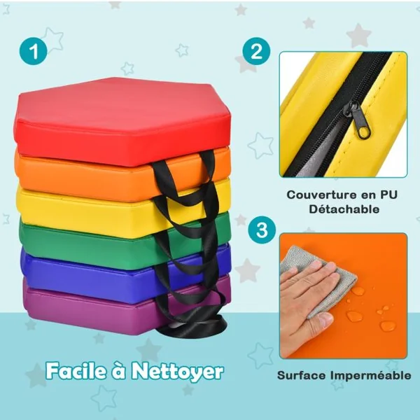 Lot de 6 Coussins de Sol pour Enfants Coussins d’Assise Hexagonaux avec Poignées 38 x 34 x 5 cm