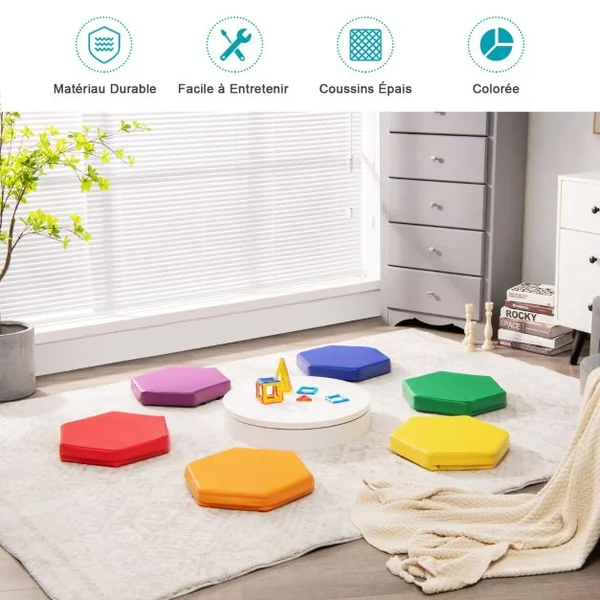 Lot de 6 Coussins de Sol pour Enfants Coussins d’Assise Hexagonaux avec Poignées 38 x 34 x 5 cm