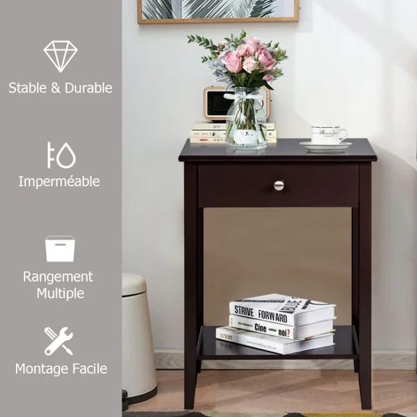 Lot de Table de Chevet à 2 Niveaux avec 1 Tiroir Table d'Appoint de Style Moderne Brun