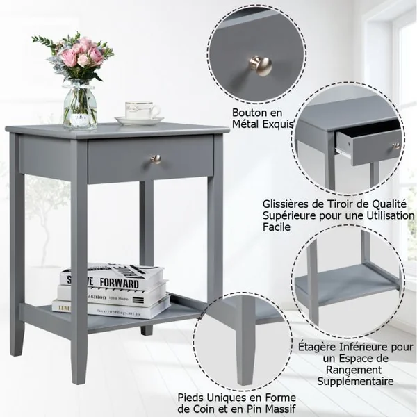 Lot de Table de Chevet à 2 Niveaux avec 1 Tiroir Table d'Appoint de Style Moderne Girs