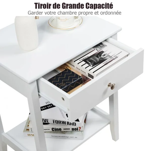 Lot de Table de Chevet à 2 Niveaux Table d'Appoint avec 1 Tiroir de Style Moderne Blanc