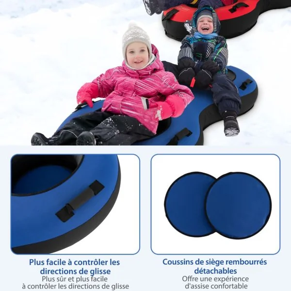 Luge Bouée Gonflable 2 Places de 200 cm Traîneau à Neige Robuste en Caoutchouc Sangle de Remorquage Siège Rembourré Pompe de Gonflage Rouge