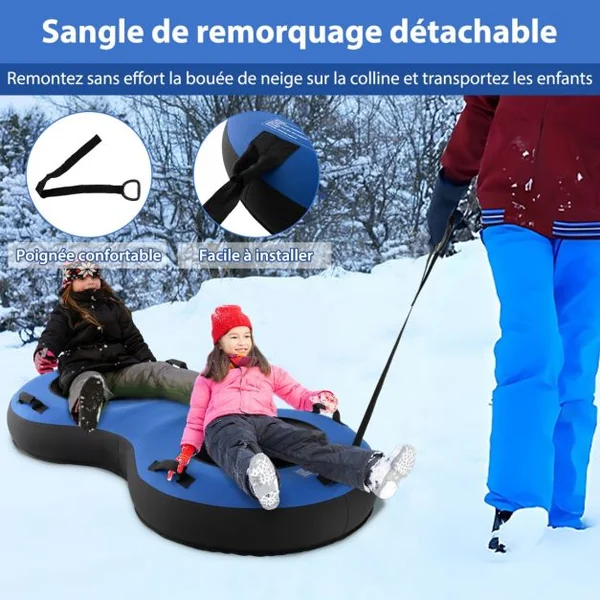 Luge Bouée Gonflable 2 Places de 200 cm Traîneau à Neige Robuste en Caoutchouc Sangle de Remorquage Siège Rembourré Pompe de Gonflage Rouge