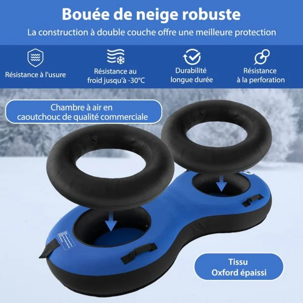 Luge Bouée Gonflable 2 Places de 200 cm Traîneau à Neige Robuste en Caoutchouc Sangle de Remorquage Siège Rembourré Pompe de Gonflage Rouge